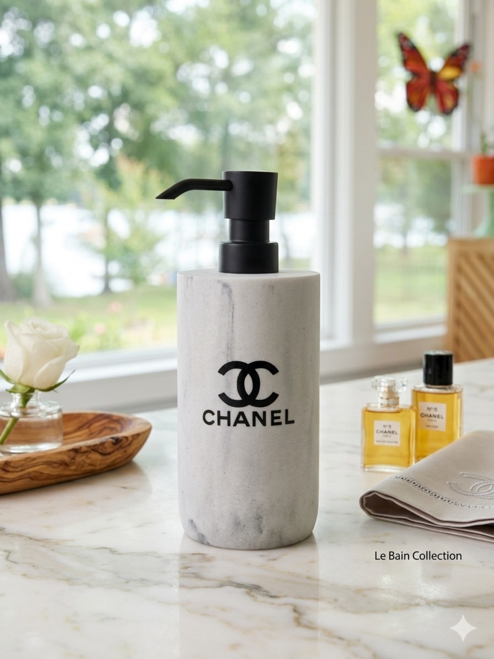 Marble Lotion Dispenser - White, Gray with Black Pump and Logo